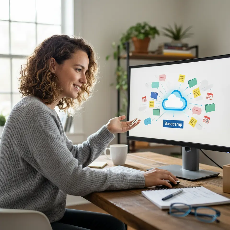 An illustration showing various disconnected productivity tools—floating chat bubbles, scattered post-it style to-do notes, separate file folders, and calendar icons—converging into a single, unified cloud workspace interface labeled “Basecamp” displayed on a desktop screen, emphasizing consolidation and simplicity.