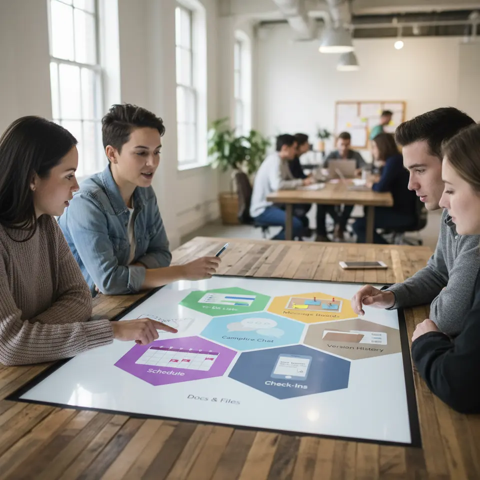 A colorful hexagonal grid or dashboard layout featuring six distinct icons to represent Basecamp’s core capabilities: a checklist with a color-coded progress bar for To-Do Lists; a pinned bulletin board for Message Boards; overlapping chat bubbles for Campfire Chat; a shared calendar with marked milestones for Schedule; a smartphone screen showing a daily question prompt for Check-Ins; and a folder with document previews and version history for Docs & Files.