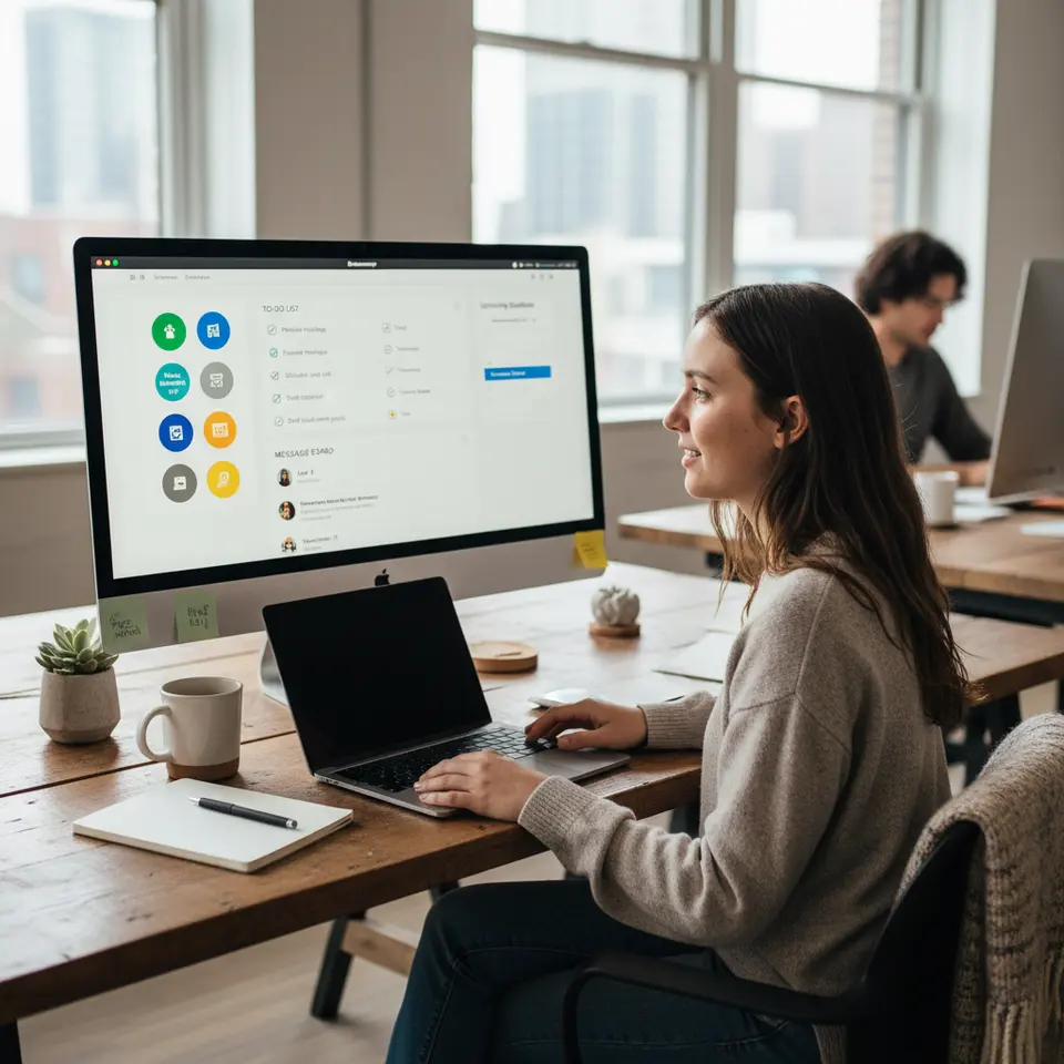 A clean, minimalistic Basecamp dashboard interface displaying color-coded project icons, a concise to-do list panel with checkboxes and due dates, a snippet of a message board post with nested replies, and an integrated calendar sidebar showing upcoming deadlines