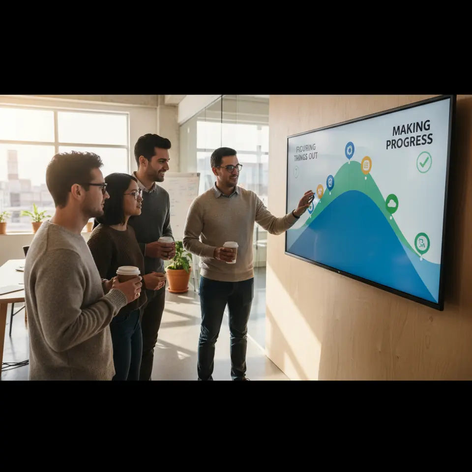 A stylized Hill Chart for visual progress tracking: a smooth curve divided into two phases labeled “Figuring Things Out” (left ascent) and “Making Progress” (right descent), with draggable task markers plotted along the curve to indicate their status