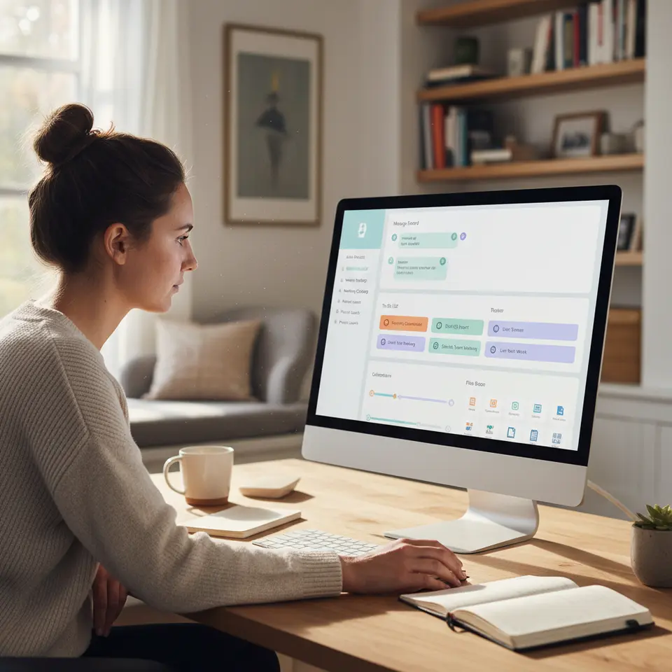 A clean, minimalist project management dashboard: a crisp white interface with a vertical sidebar listing active projects, and main panels displaying a message board thread with comment bubbles, a to-do list of tasks with colored priority labels and due-date badges, a horizontal calendar timeline with milestone markers, and a grid of file and document thumbnails — all rendered in gentle pastel accents and clear, modern typography.