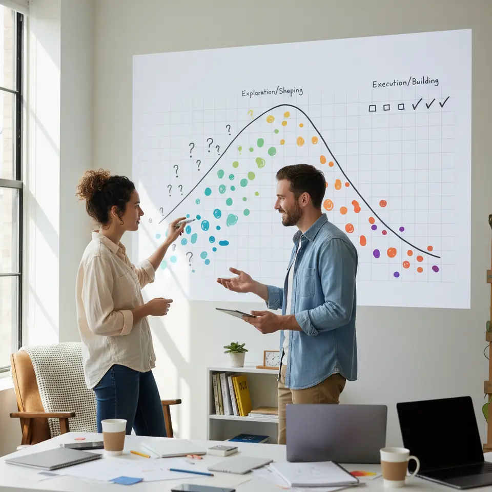 A stylized Hill Chart visualization: a smooth hill-shaped curve rising on the left (‘Exploration/Shaping’ phase with question-mark icons) and descending on the right (‘Execution/Building’ phase with check-mark icons), with multiple colored dots positioned along the slope to represent individual tasks, over a simple grid background, emphasizing the shift from uncertainty to completion.