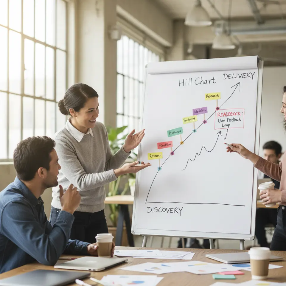 Hill Charts for Progress Visualization: a stylized hill-shaped graph illustrating the journey from discovery at the base to delivery at the peak, with task markers or flags placed along the slope to show progress and roadblocks