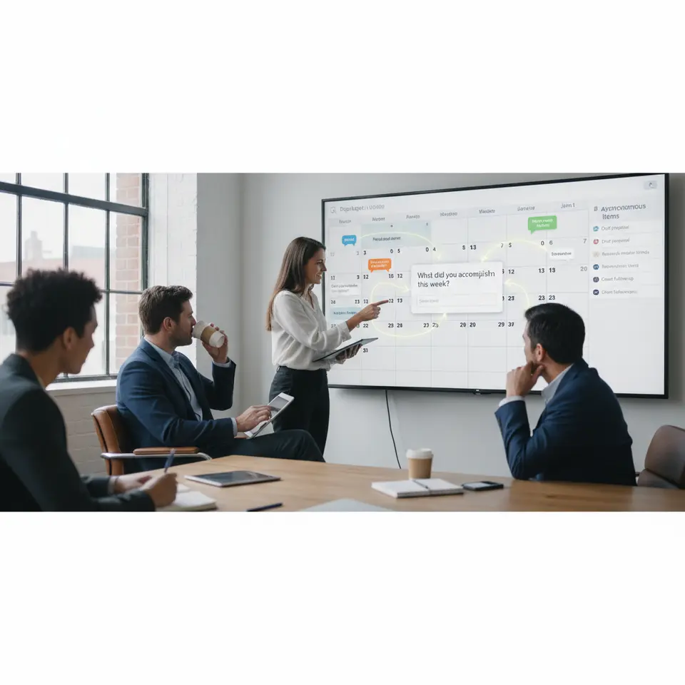 Schedules and Automatic Check-Ins: an interactive calendar view highlighting key milestones and recurring pop-up check-in prompts (e.g. “What did you accomplish this week?”), connected by arrows to task items to demonstrate asynchronous status updates