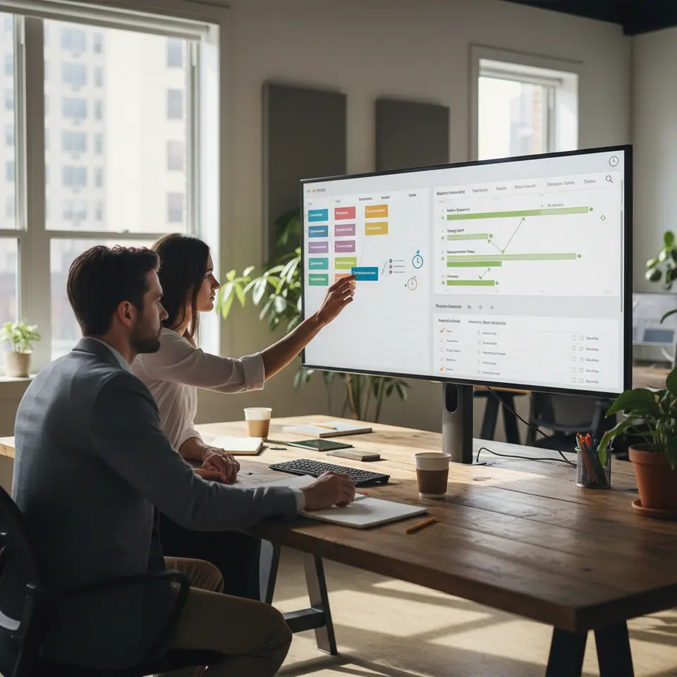 A split-screen digital workspace showcasing Advanced Task and Project Management: on the left, a vibrant Kanban board with color-coded task cards being dragged between columns; on the right, an interactive Gantt chart of project timelines with dependencies highlighted and milestone markers. Overlay icons indicate automated workflow triggers, time-tracking clocks, and multi-level checklists for a visually dynamic project control interface.