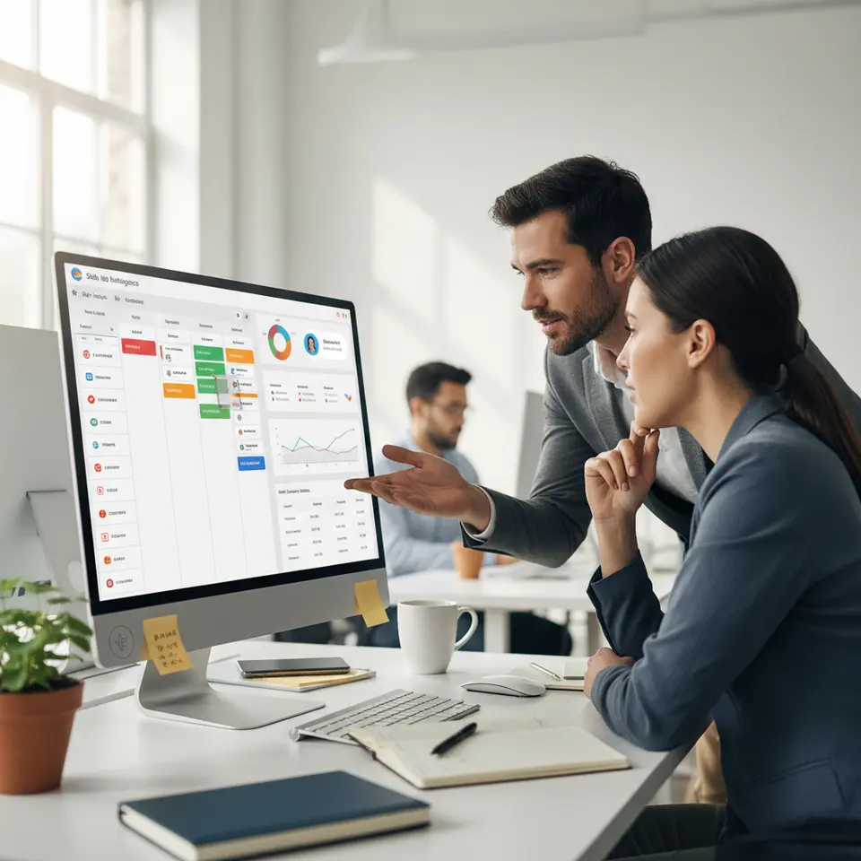 An integrated CRM and Sales Automation dashboard: a series of pipeline columns displaying deal cards moving through stages, combined with a sales intelligence panel showing charts of customer behavior trends and forecast metrics. Include elements like a chatbot pop-up engaging website visitors, email campaign statistics, and automated lead-scoring badges to illustrate end-to-end customer journey and analytics.