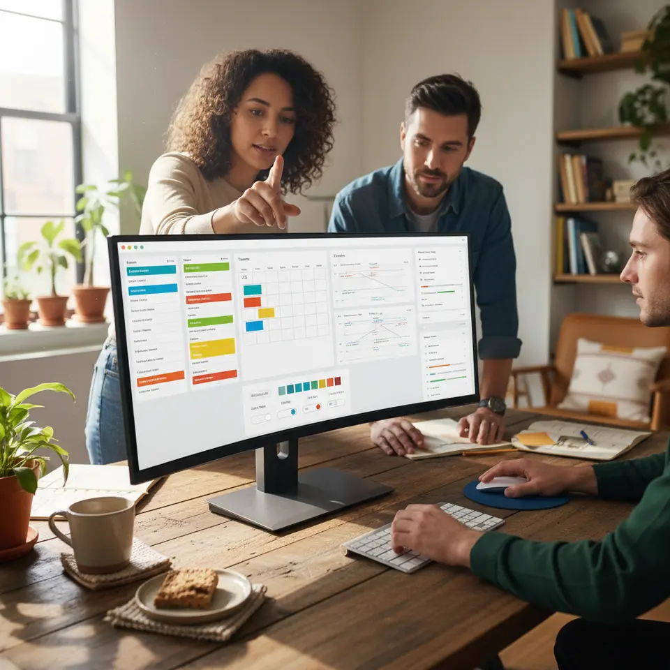 Workspace customization interface showcasing multiple project views side by side: a color-coded Kanban board with drag-and-drop cards, an interactive calendar view populated with tasks, a timeline (Gantt) chart with dependencies, and a clean list view. Include visible color themes and toggle controls to emphasize personalization.