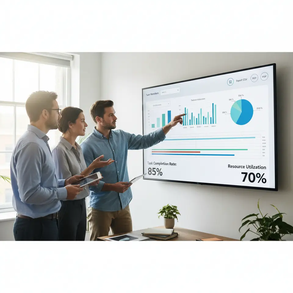 Reporting and analytics dashboard displaying a modern UI with bar charts, pie diagrams, and a Gantt timeline. Show filter dropdowns for team members and projects, export buttons (CSV, PDF), and key metrics (task completion rate, resource utilization), all presented on a single screen for actionable insights.