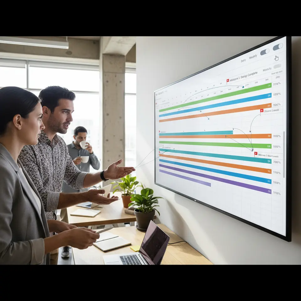 Interactive Gantt chart dashboard showing a project timeline: multicolored horizontal task bars spanning over calendar dates, milestone flags and dependency arrows connecting related tasks, progress percentages displayed on each bar, and UI elements for drag-and-drop date adjustments with daily/weekly/monthly view toggles.