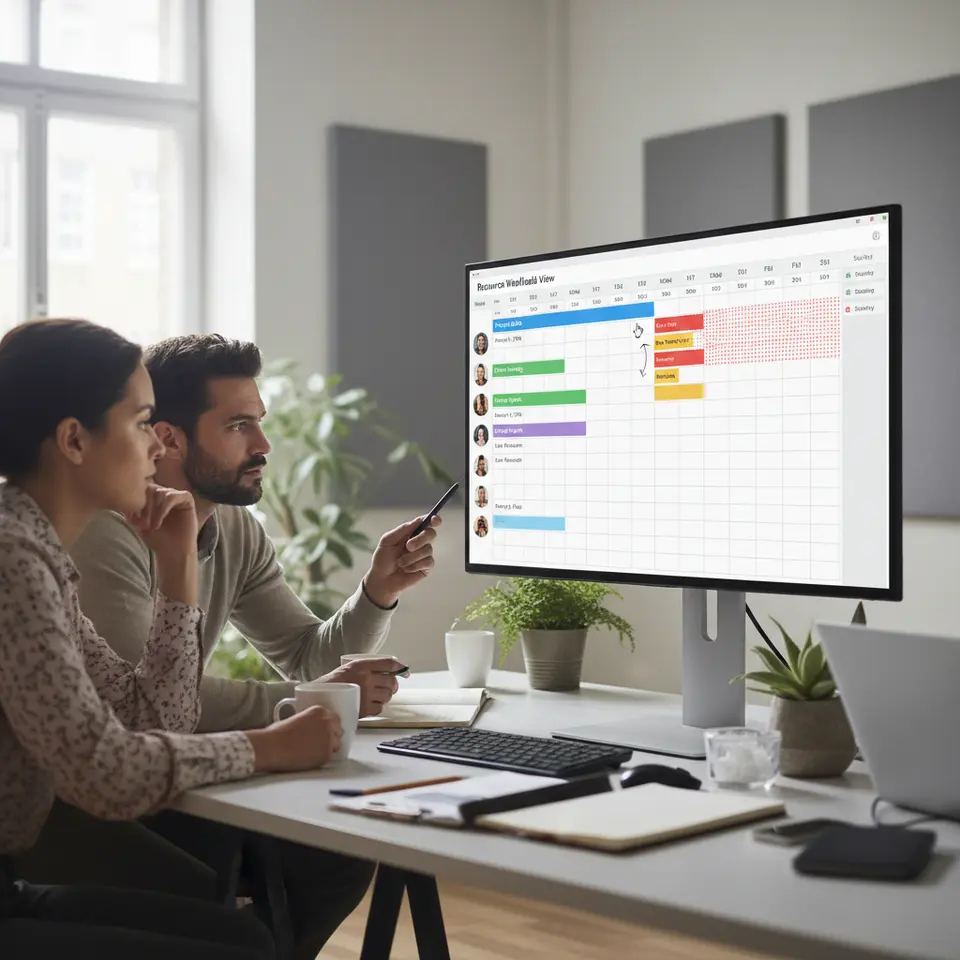 Resource workload view featuring a list of team members with avatars, each row overlaid by colored blocks representing assigned tasks on a calendar grid, red highlights indicating over-allocated days, non-working days shaded in gray, and arrows illustrating drag-and-drop task reassignment between team members.
