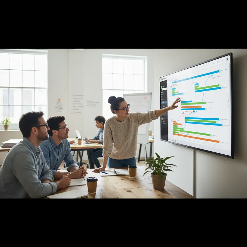 Gantt Charts & Timelines: An interactive project timeline illustrating colored task bars, milestone markers, and arrows showing dependencies and critical path shifts—complete with drag-and-drop handles, expandable sections, and filters by team member or priority.