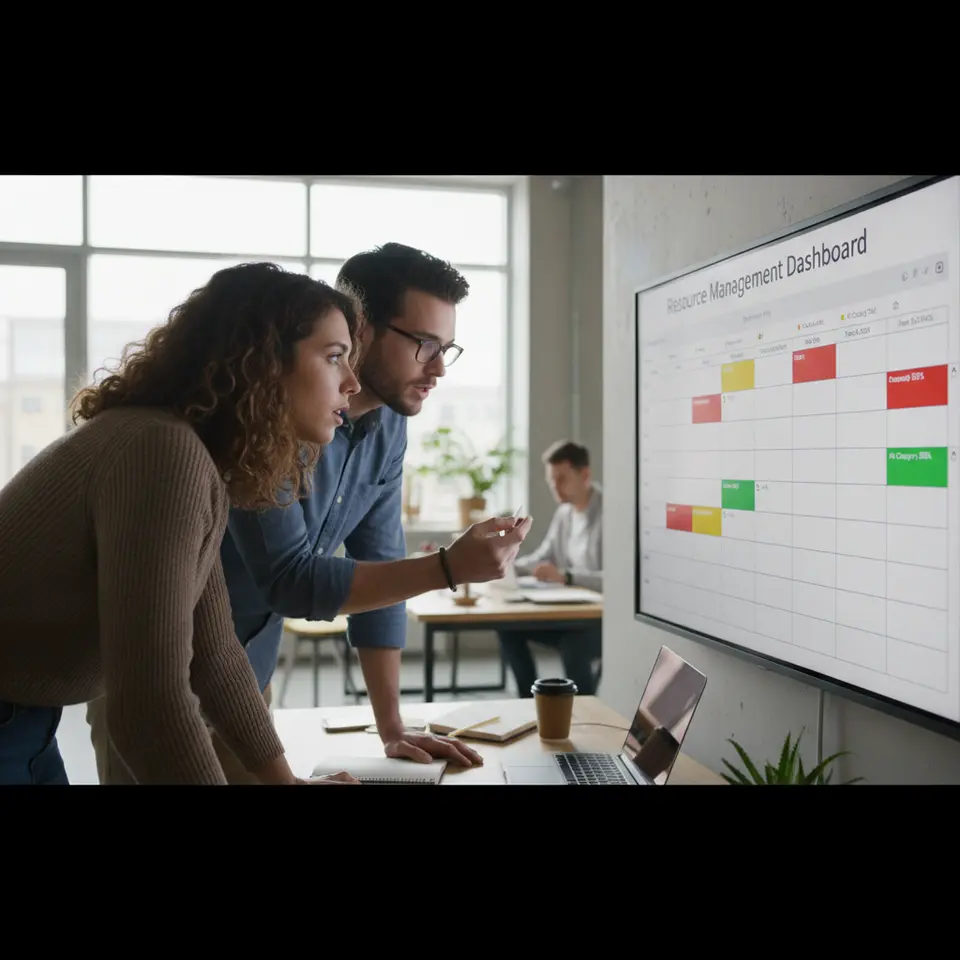 Resource Management Dashboard: A color-coded capacity view displaying individual team members’ workloads on a calendar grid, highlighting overallocation in red and free bandwidth in green, with drag-and-drop task reassignment controls.