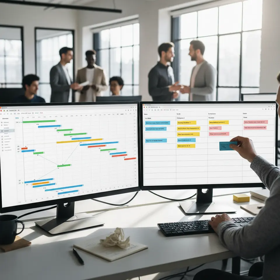 A split-screen view with a dynamic Gantt chart on one side—showing task dependencies, start/end dates, and milestone markers—and an Agile Kanban board on the other, with colorful cards in status-based lanes being dragged to signal progress