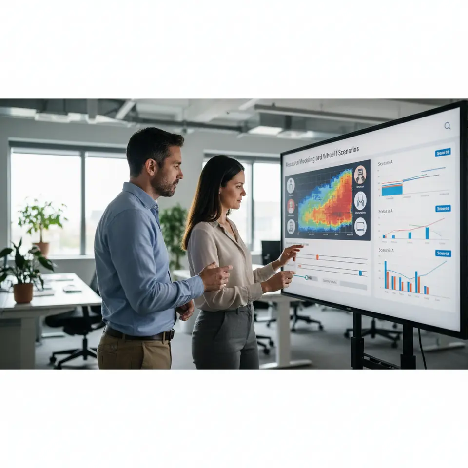 Resource Modeling and What-If Scenarios: an interactive sandbox dashboard with color-coded heat maps over team avatars and equipment icons, draggable sliders for adjusting start dates and staffing levels, and split-screen charts comparing two resource-allocation scenarios side by side.