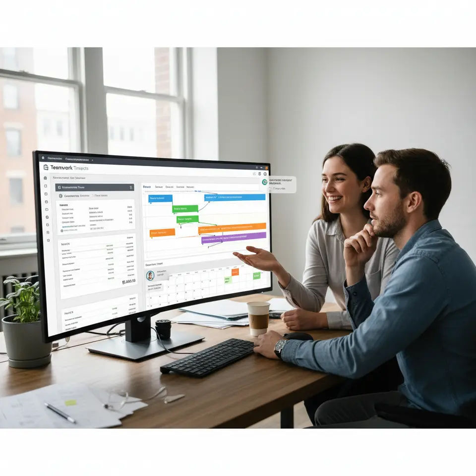 Teamwork Projects Billing & Collaboration Dashboard: a split-screen view featuring a chrome extension timer converting time entries into branded invoices, automated overdue payment reminders popping up, a colorful Gantt chart/calendar, and a client‐restricted access panel to illustrate agency billing workflows